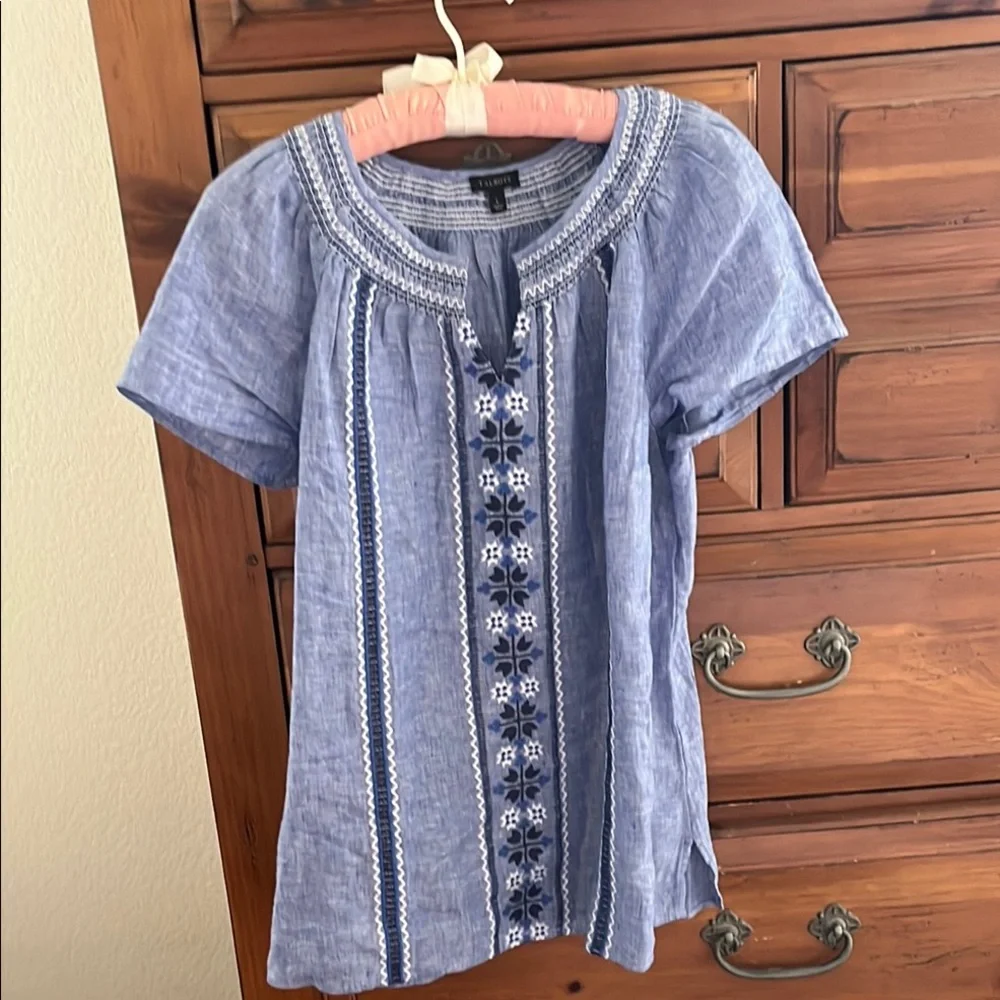 Talbots Blue Embroidered Bib Collar Blouse NWOT